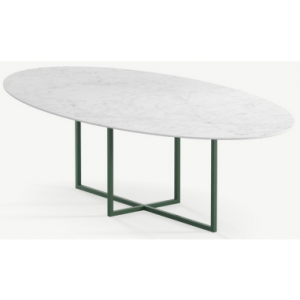 Cyriel ovalt spisebord i stål og keramik 220 x 120 cm - Skovgrøn/Carrara