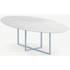 Cyriel ovalt spisebord i stål og keramik 250 x 125 cm - Gråblå/Carrara