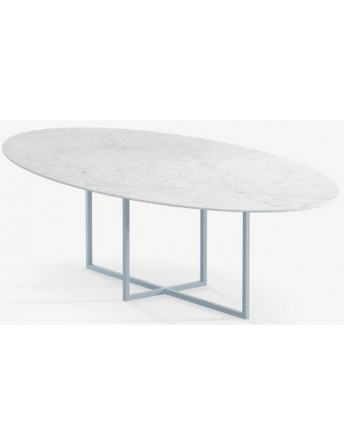 Cyriel ovalt spisebord i stål og keramik 250 x 125 cm - Gråblå/Carrara