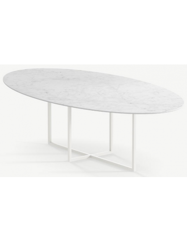 Cyriel ovalt spisebord i stål og keramik 250 x 125 cm - Månehvid/Carrara