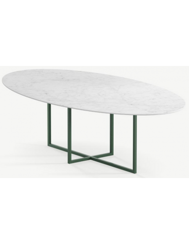 Cyriel ovalt spisebord i stål og keramik 280 x 130 cm - Skovgrøn/Carrara