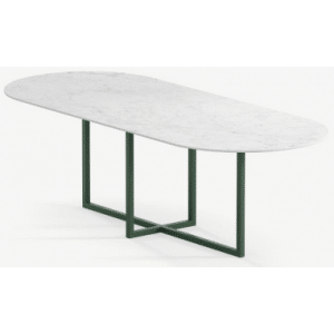 Gustaf ovalt spisebord i stål og keramik 280 x 90 cm - Skovgrøn/Carrara