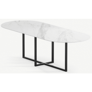 Gustaf ultrathin ovalt spisebord i stål og keramik 220 x 90 cm - Sort/Calacatta
