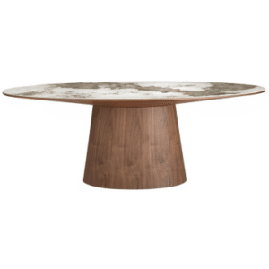 Ovalt spisebord i valnøddefinér og porcelæn 220 x 112 cm - Valnød/Hvid marmor