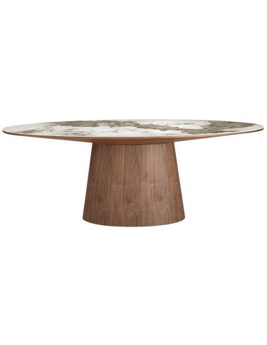 Ovalt spisebord i valnøddefinér og porcelæn 220 x 112 cm - Valnød/Hvid marmor