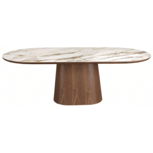 Ovalt spisebord i valnøddefinér og porcelæn 240 x 120 cm - Valnød/Hvid marmor