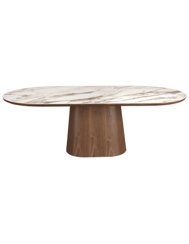 Ovalt spisebord i valnøddefinér og porcelæn 240 x 120 cm - Valnød/Hvid marmor